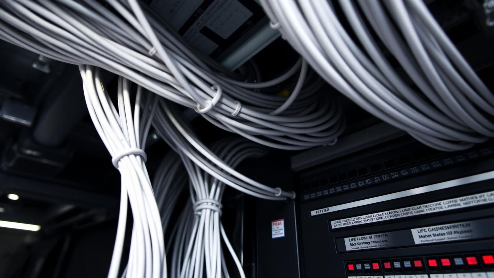 Bundled and combed Cat 6 cabling terminating into a labeled patch panel