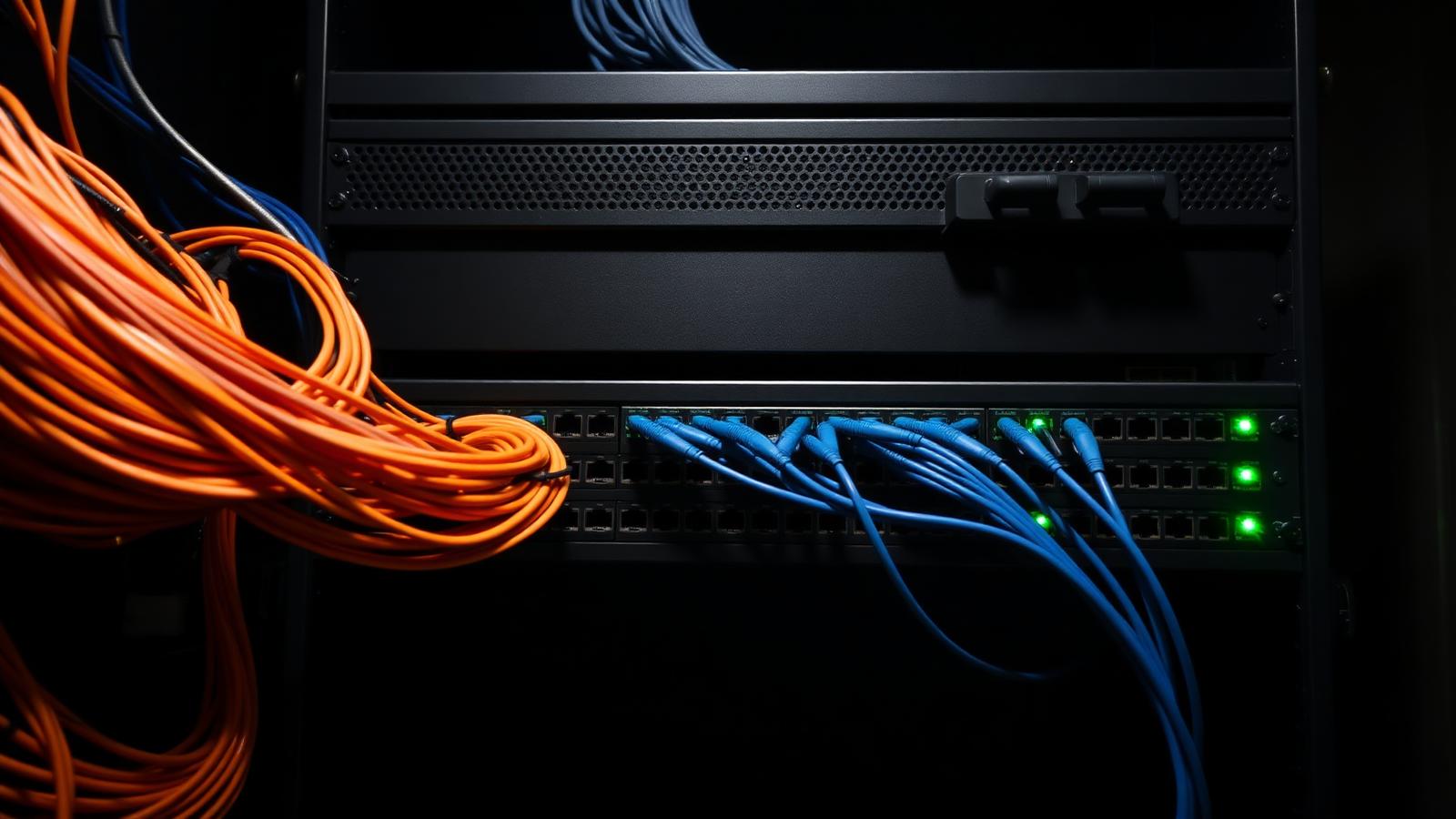 Commercial network rack with patch panels and switch link lights in a data closet