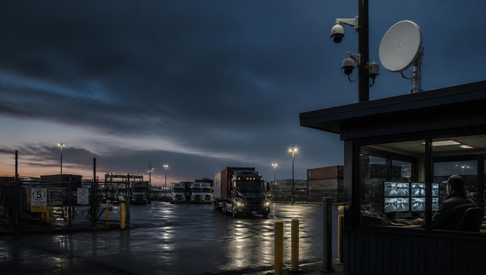 Truckyard at dusk with a guard shack of camera monitors, pole cameras and a point-to-point dish